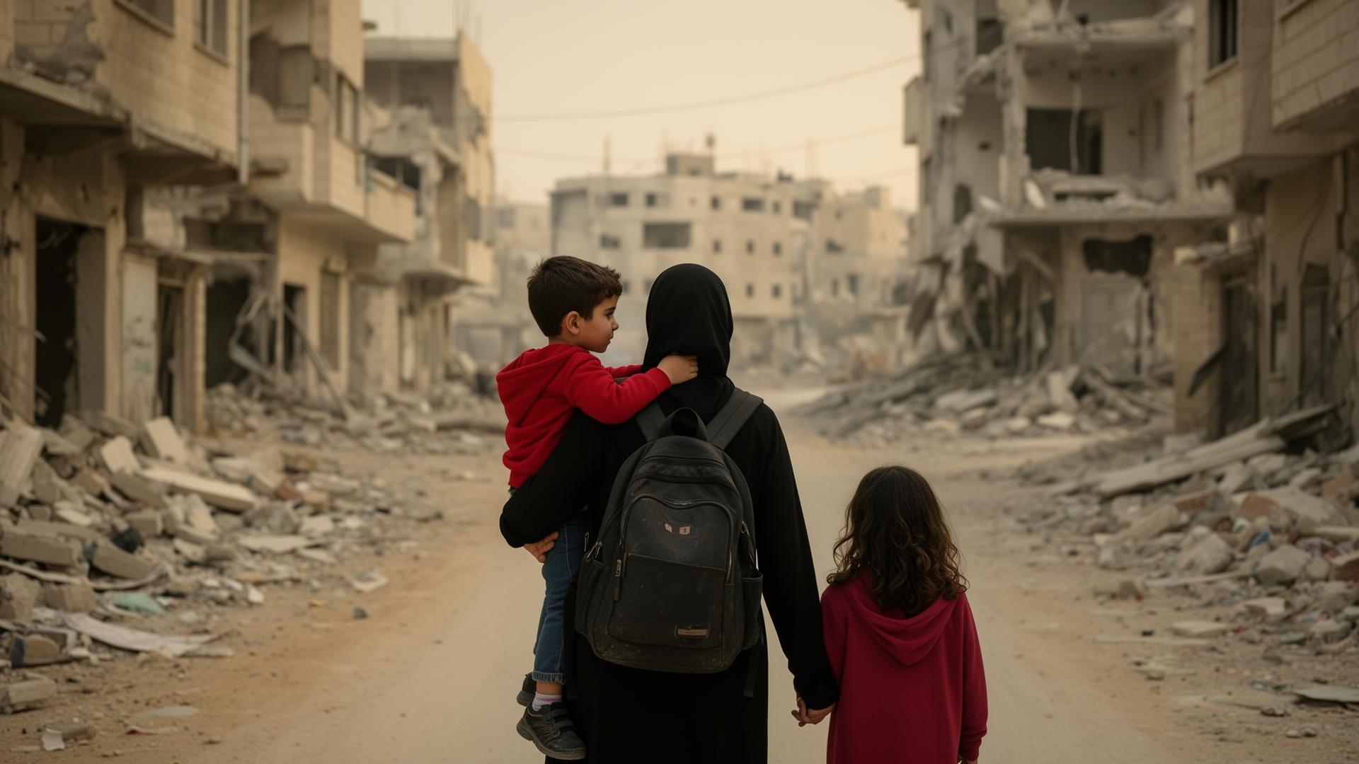 Palestinian family walking through destruction in Tulkarm camp
